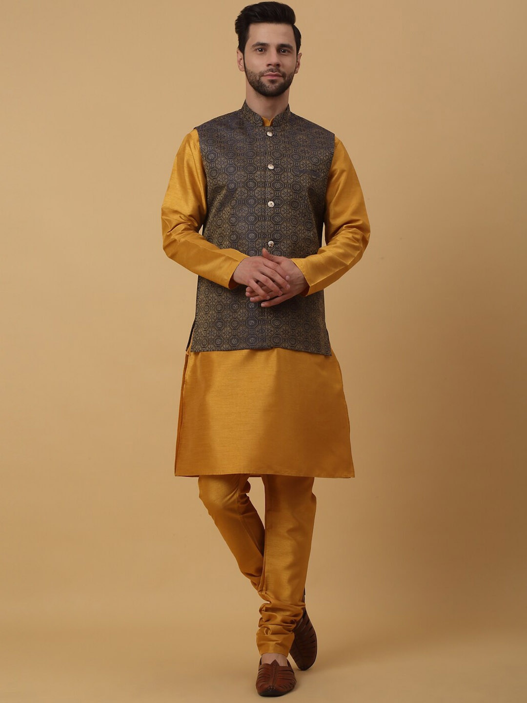 

KRAFT INDIA Mandarin Collar Long Sleeves Regular Kurta With Churidar & Print Nehru Jacket, Mustard