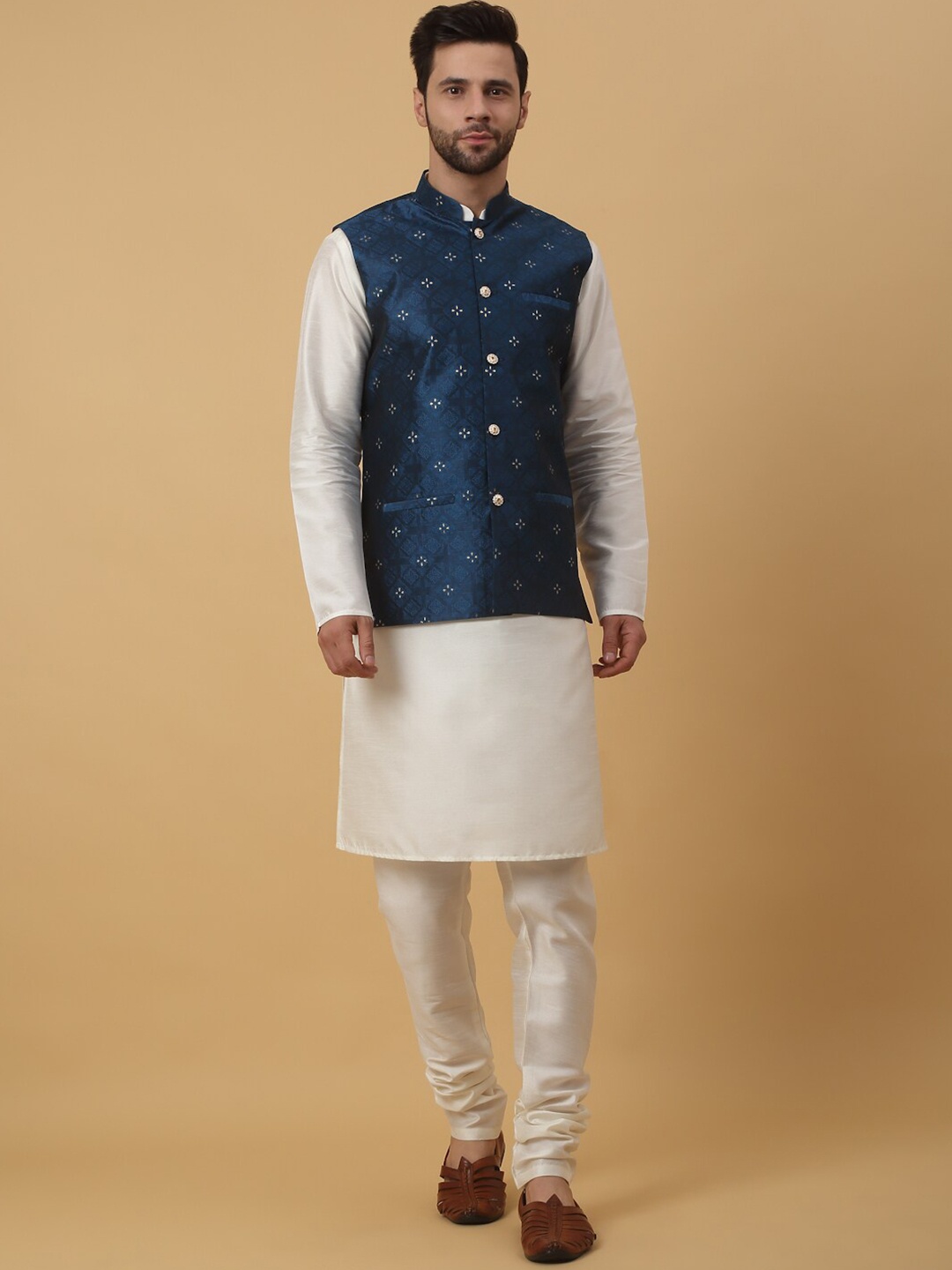 

KRAFT INDIA Mandarin Collar Long Sleeves Regular Kurta With Churidar & Nehru Jacket, Cream