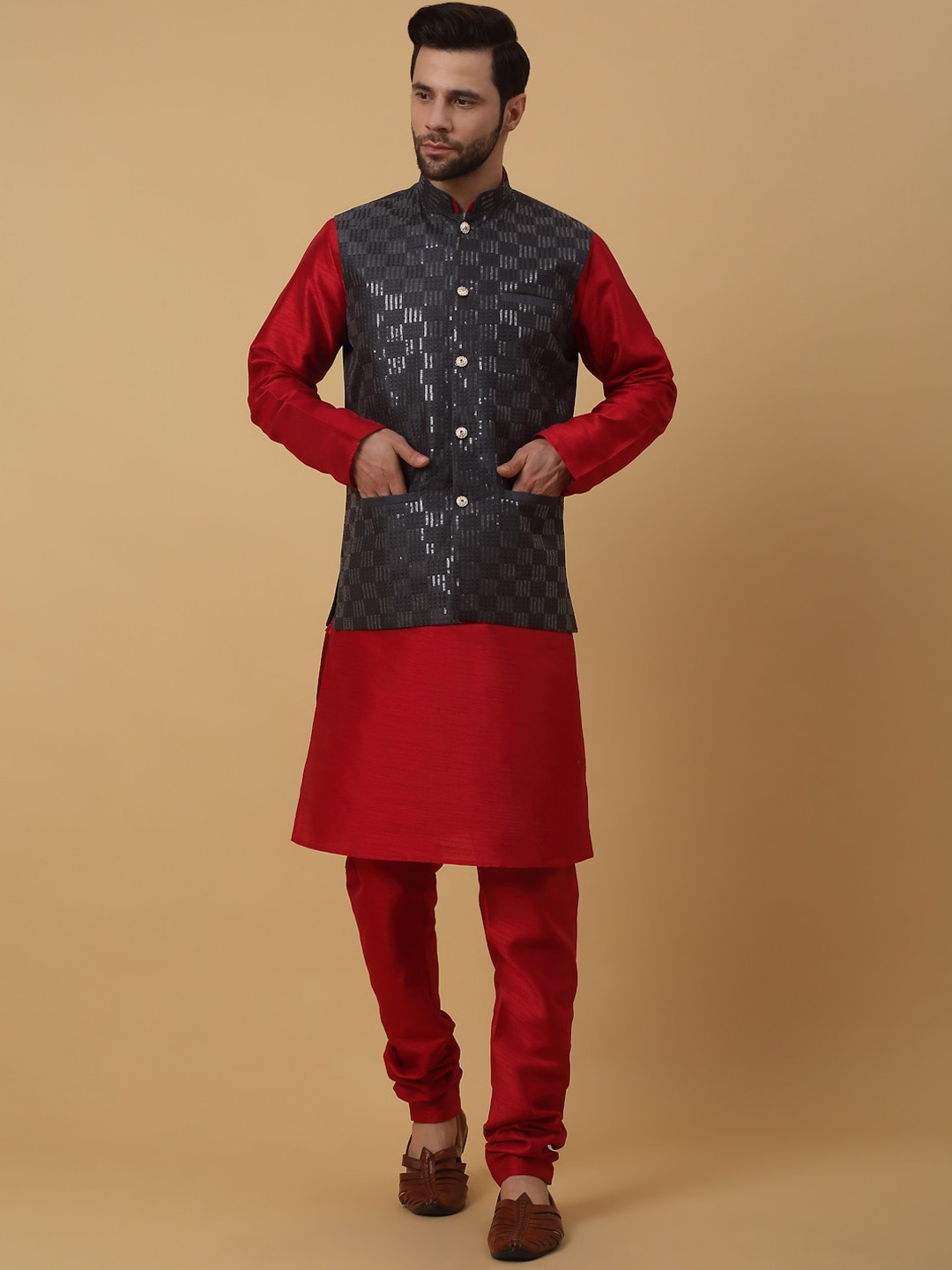 

KRAFT INDIA Straight Kurta With Churidar & Nehru Jacket, Maroon