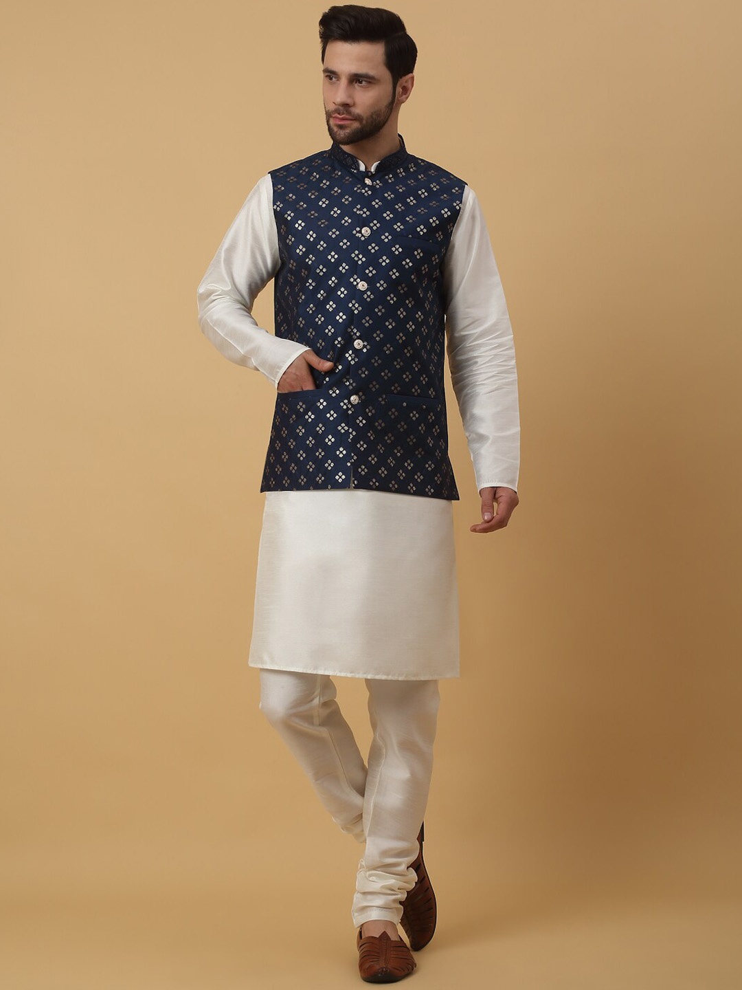 

KRAFT INDIA Mandarin Collar Regular Kurta With Churidar & Sequinned Nehru Jacket, Cream