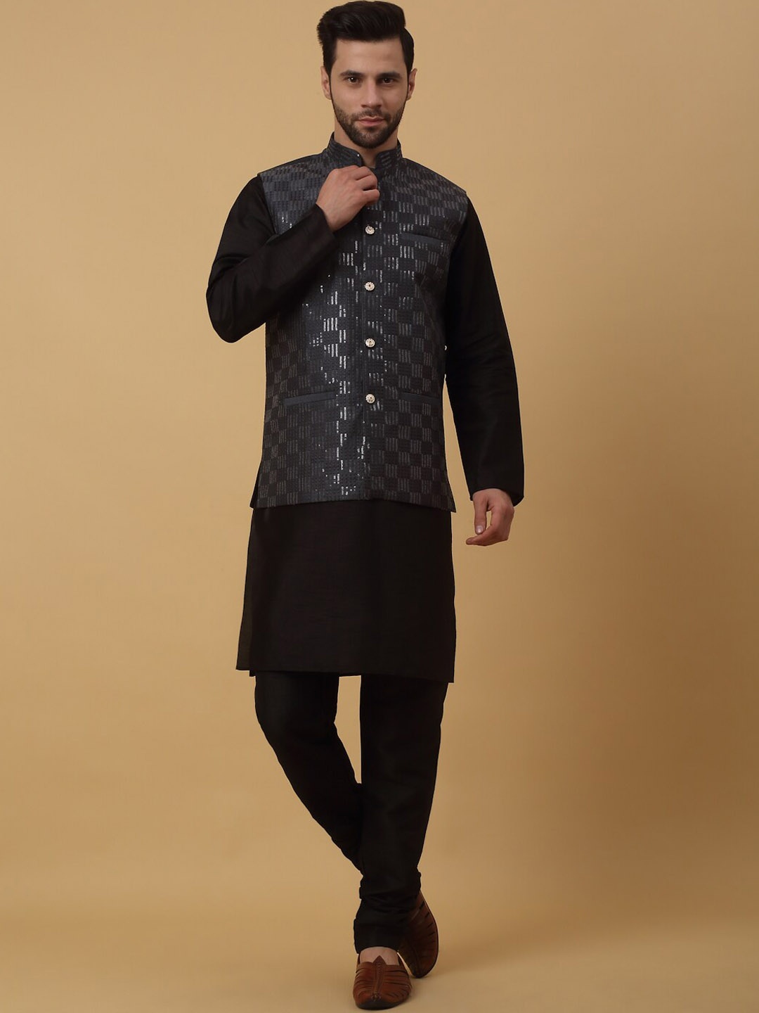 

KRAFT INDIA Mandarin Collar Straight Kurta & Churidar With Nehru Jacket, Black