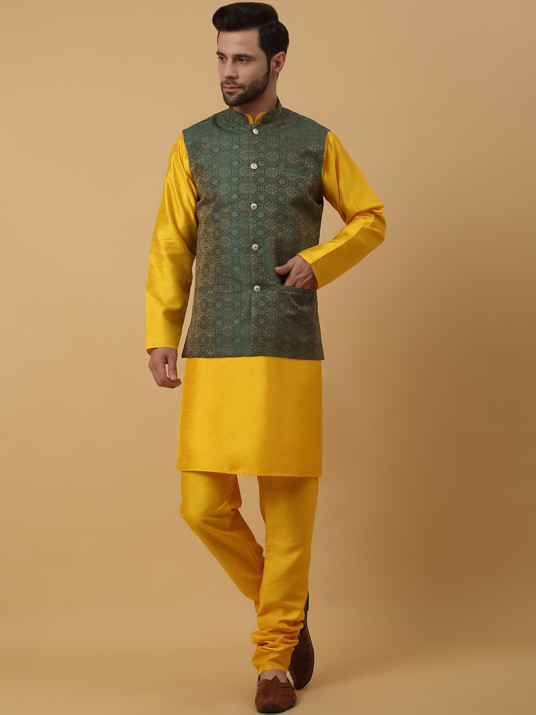 

KRAFT INDIA Straight Kurta With Churidar & Nehru Jacket, Yellow