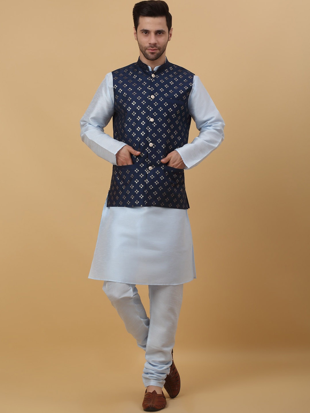 

KRAFT INDIA Mandarin Collar Kurta With Churidar & Nehru Jacket, Blue