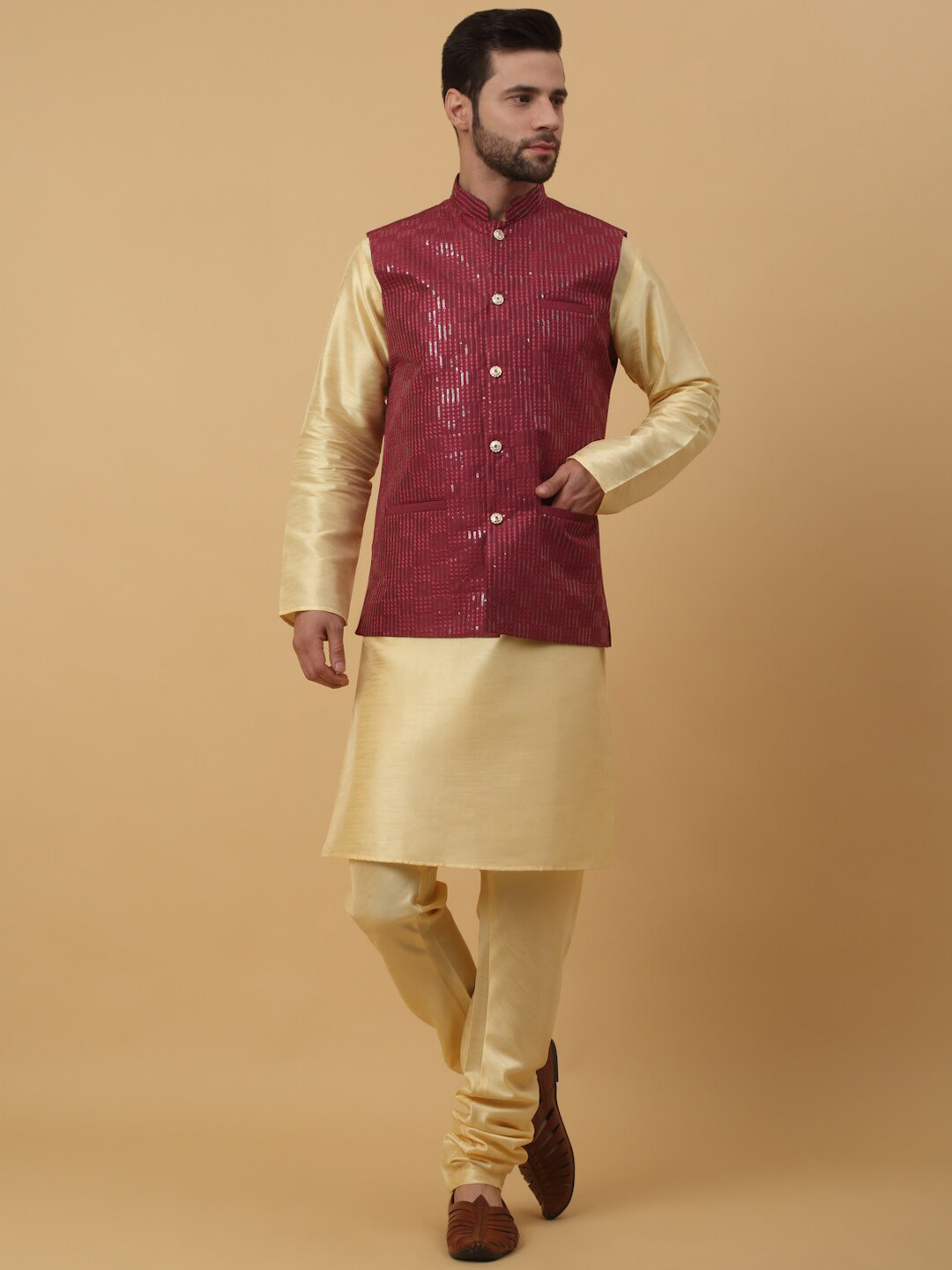 

KRAFT INDIA Straight Kurta With Churidar & Nehru Jacket, Beige
