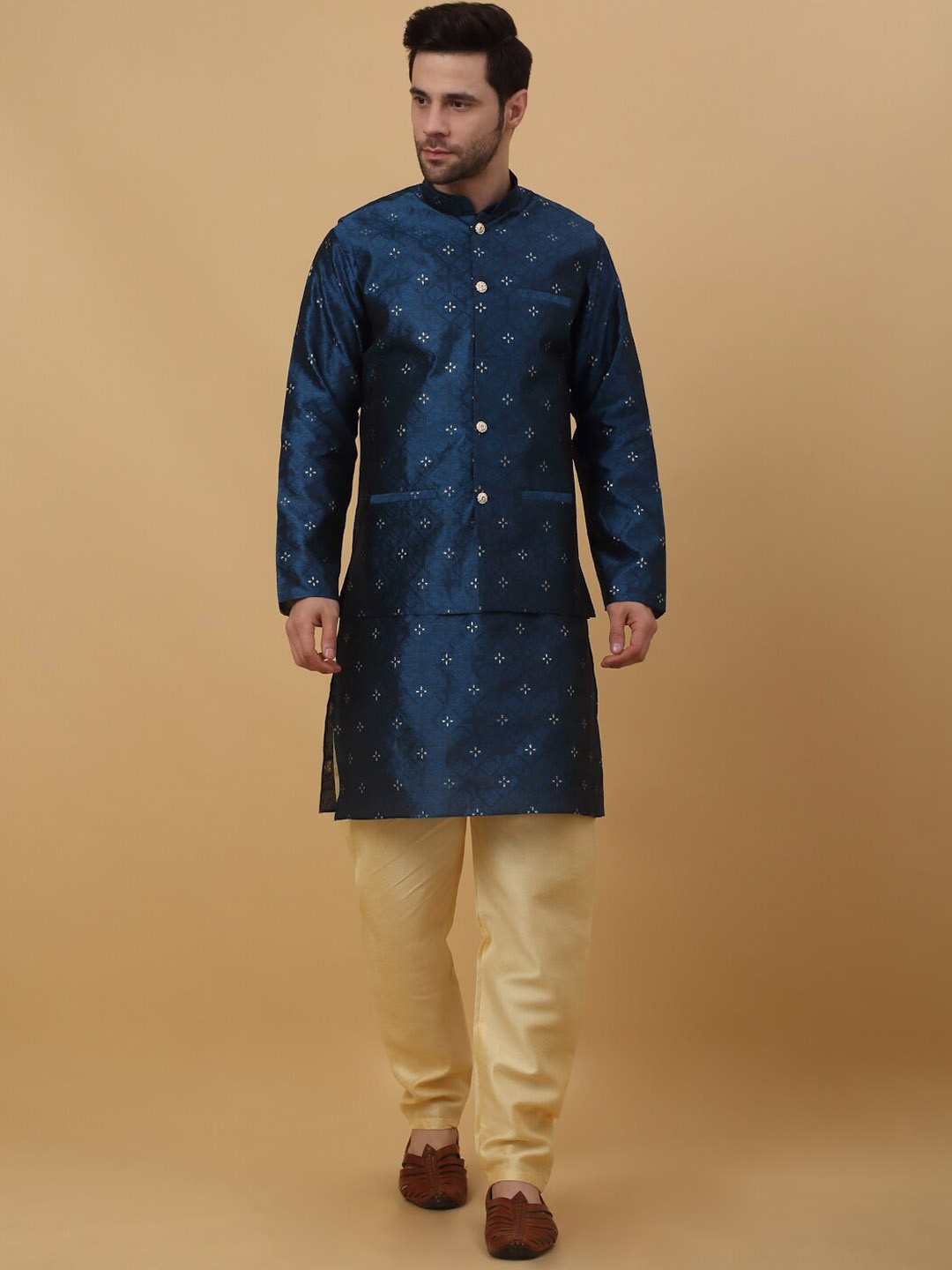 

KRAFT INDIA Ethnic Motifs Woven Design Kurta & Churidar with Nehru jacket, Blue