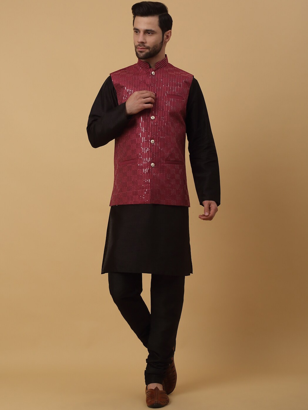 

KRAFT INDIA Mandarin Collar Long Sleeves Regular Kurta With Churidar & Nehru Jacket, Black