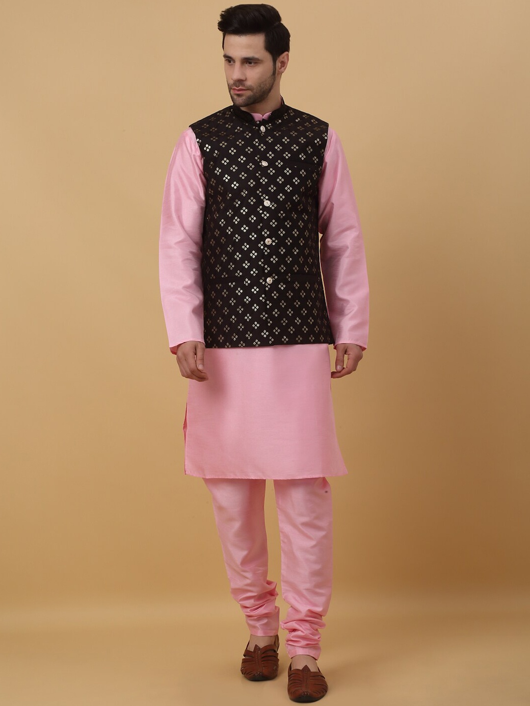 

KRAFT INDIA Mandarin Collar Kurta & Churidar with Nehru jacket, Pink