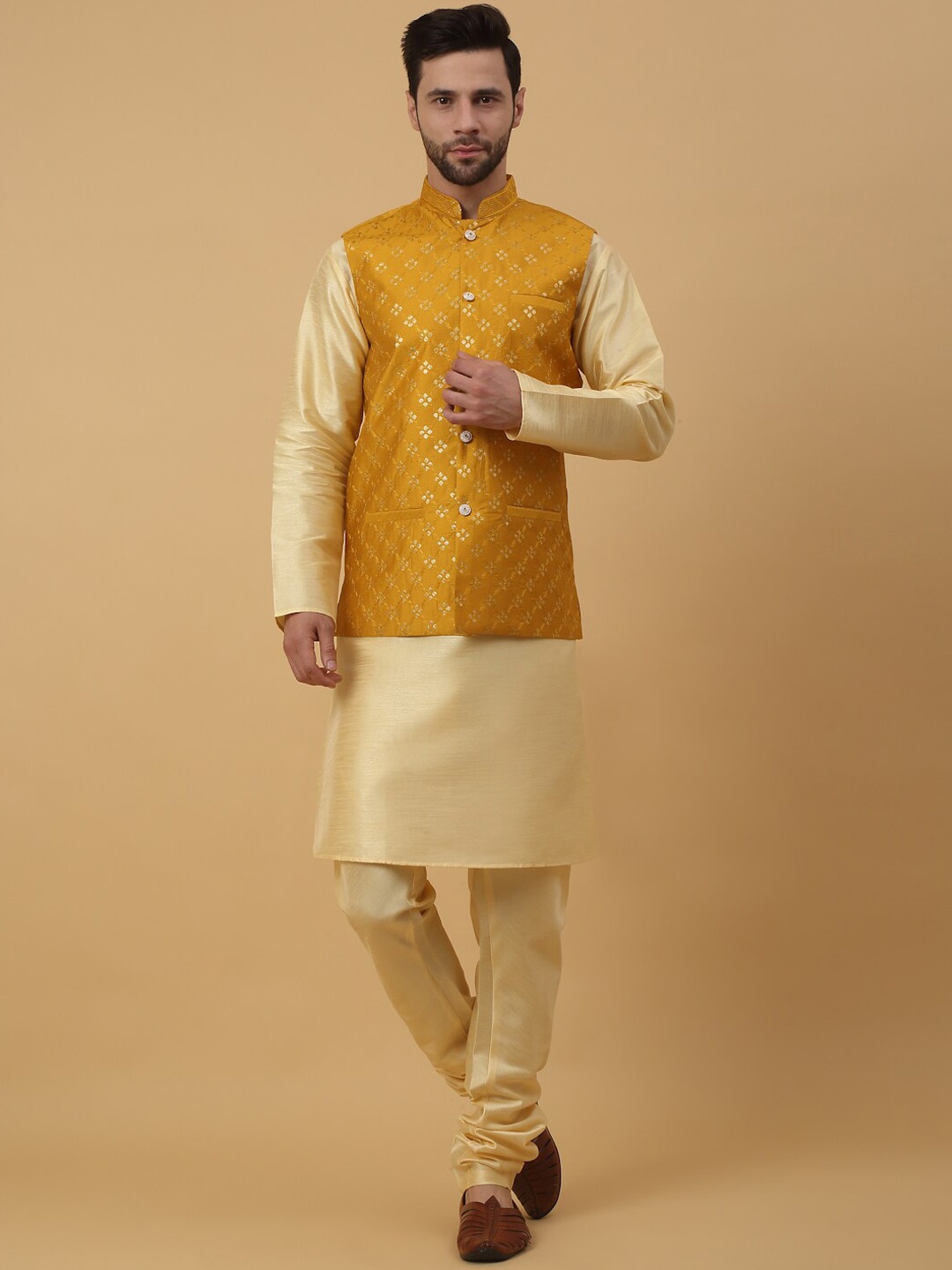 

KRAFT INDIA Regular Sequinned Kurta with Churidar & Cotton Silk Nehru Jacket, Beige