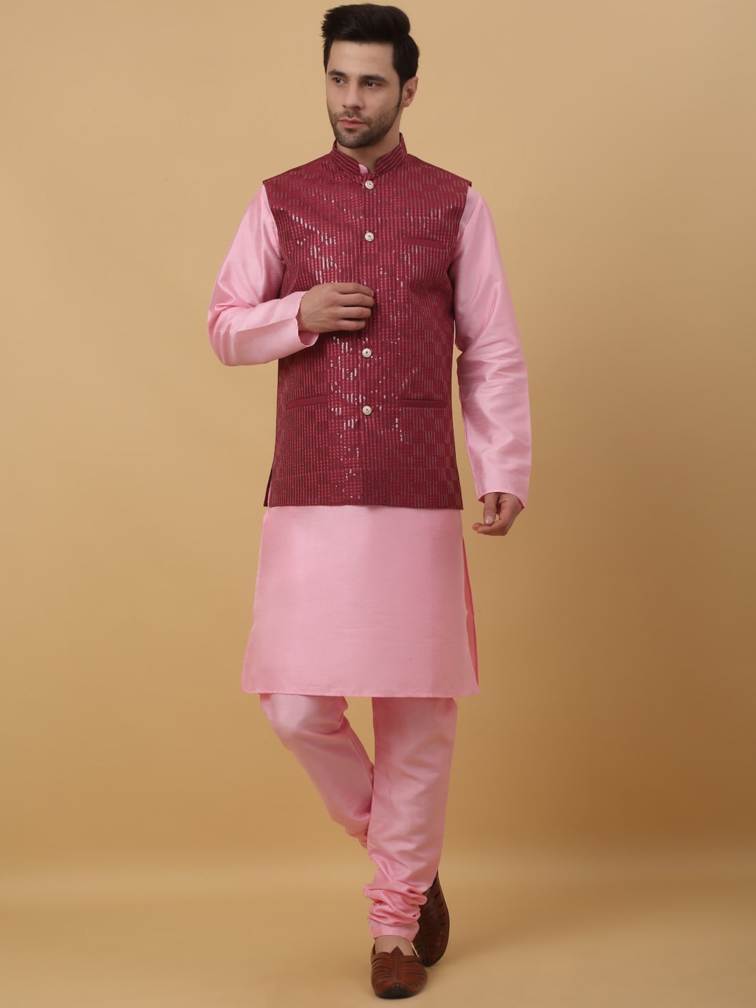 

KRAFT INDIA Regular Sequinned Kurta with Churidar & Cotton Silk Nehru Jacket, Pink