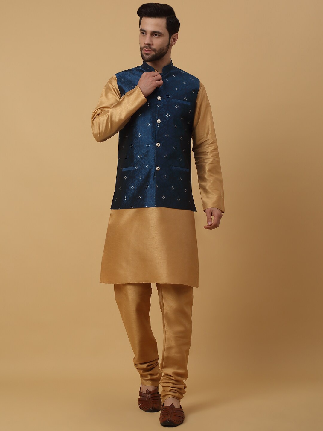 

KRAFT INDIA Mandarin Collar Straight Kurta & Churidar With Jacquard Nehru Jacket, Gold