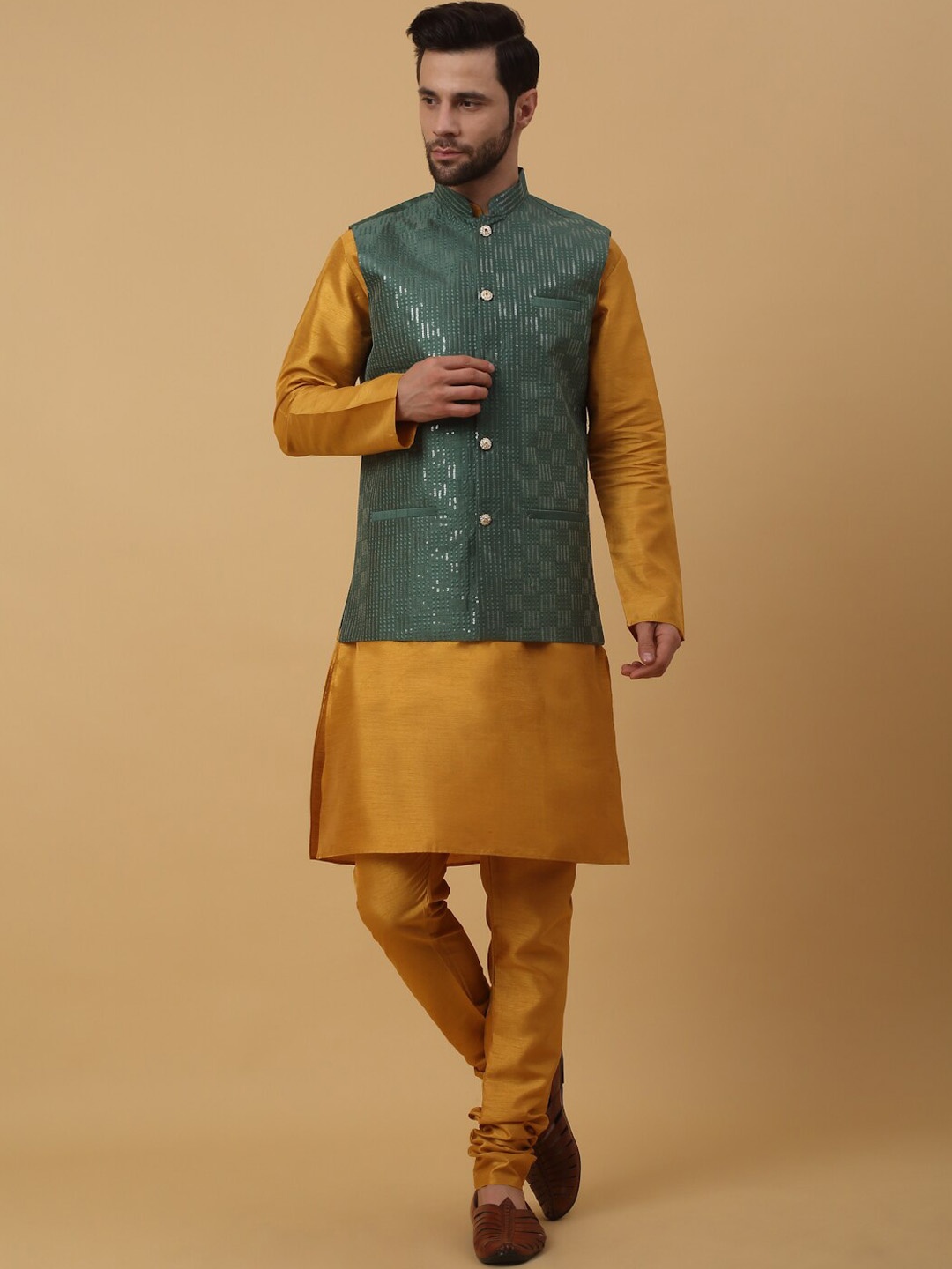 

KRAFT INDIA Regular Sequinned Kurta with Churidar & Cotton Silk Nehru Jacket, Mustard