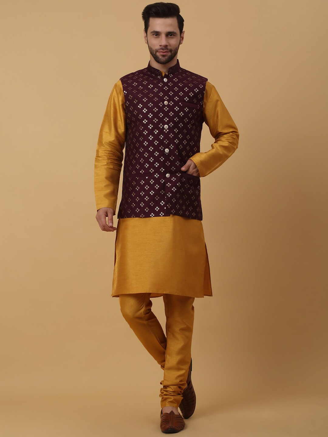 

KRAFT INDIA Ethnic Motifs Mandarin Collar Long Sleeves Kurta with Churidar, Mustard