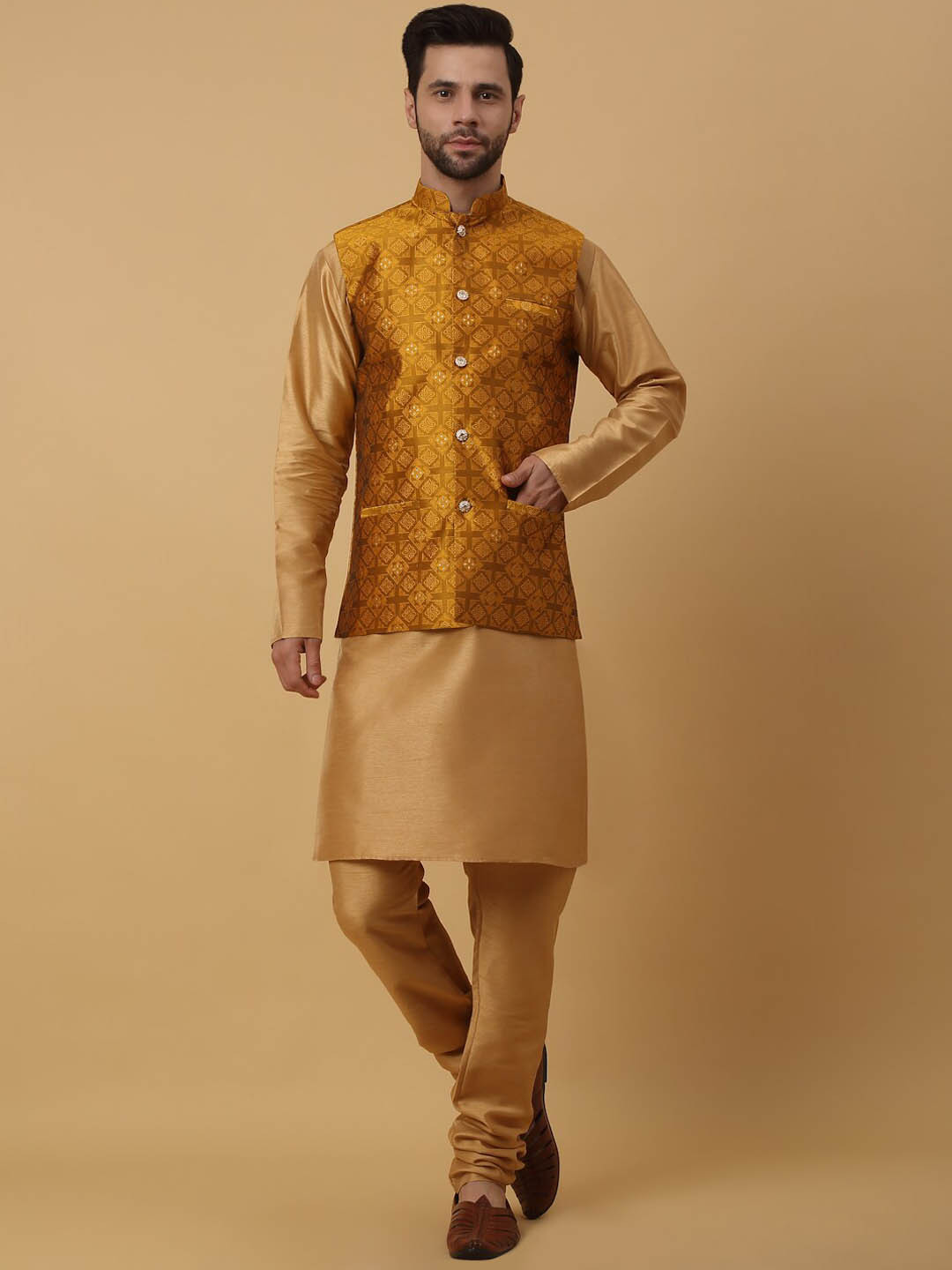 

KRAFT INDIA Mandarin Collar Straight Kurta & Churidar With Nehru Jacket, Gold