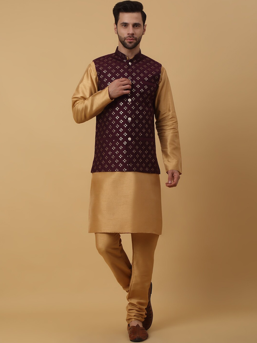 

KRAFT INDIA Mandarin Collar Kurta & Churidar With Sequined Cotton Silk Nehru Jacket, Gold