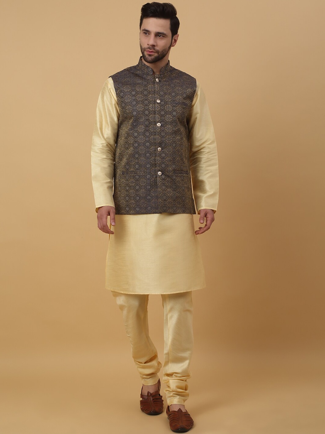 

KRAFT INDIA Mandarin Collar Kurta With Churidar & Nehru Jacket, Beige