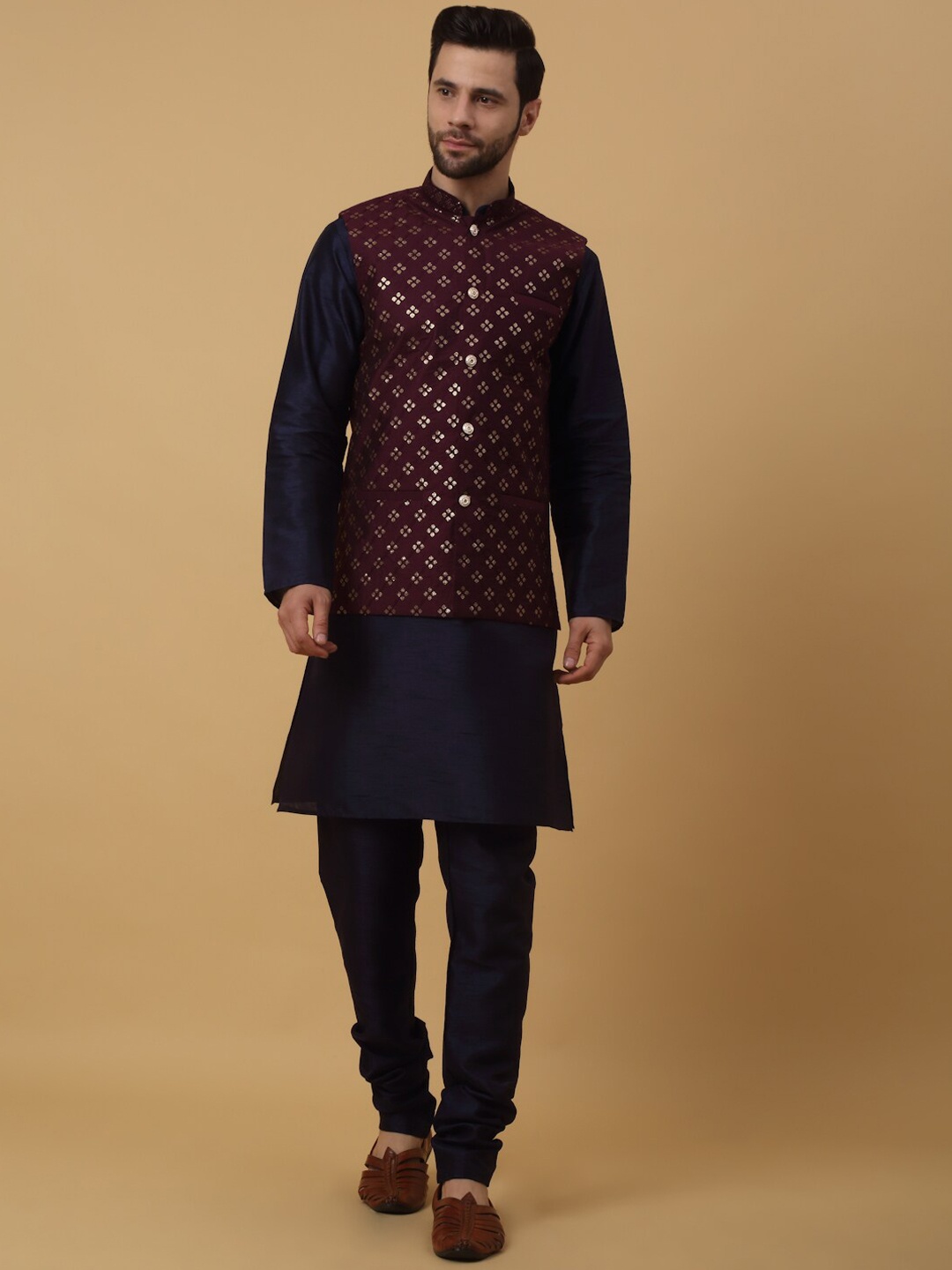 

KRAFT INDIA Mandarin Collar Regular Kurta With Churidar & Sequinned Nehru Jacket, Navy blue