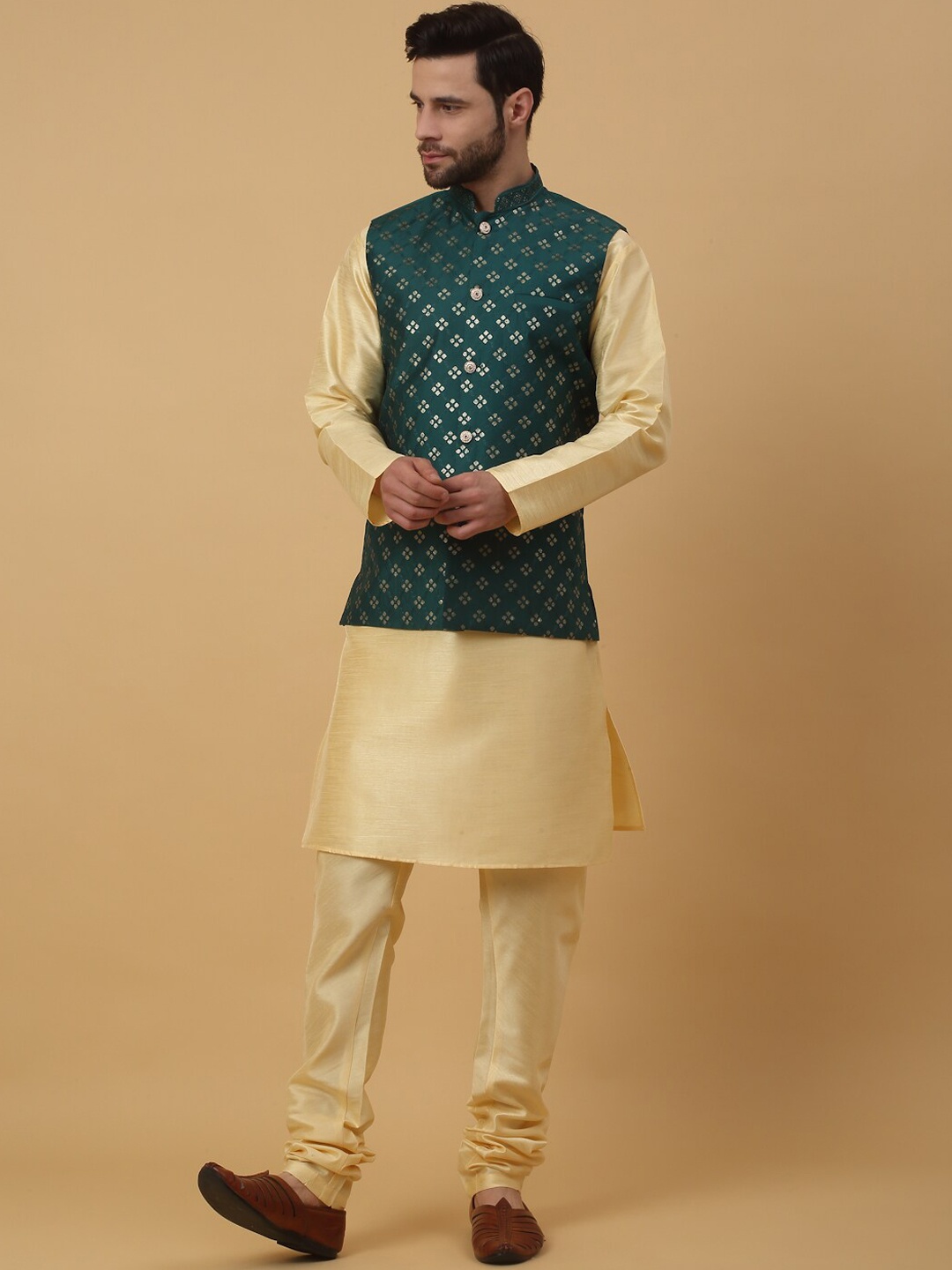 

KRAFT INDIA Straight Kurta With Churidar & Nehru Jacket, Beige