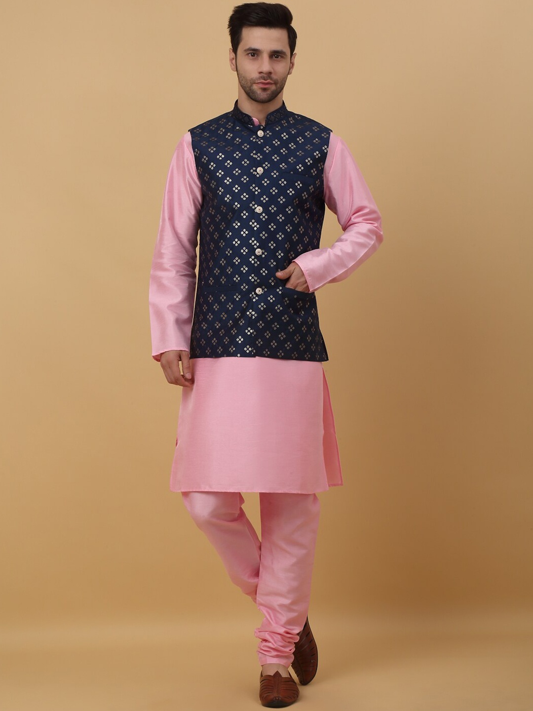 

KRAFT INDIA Mandarin Collar Long Sleeves Regular Kurta With Churidar & Jacket, Pink