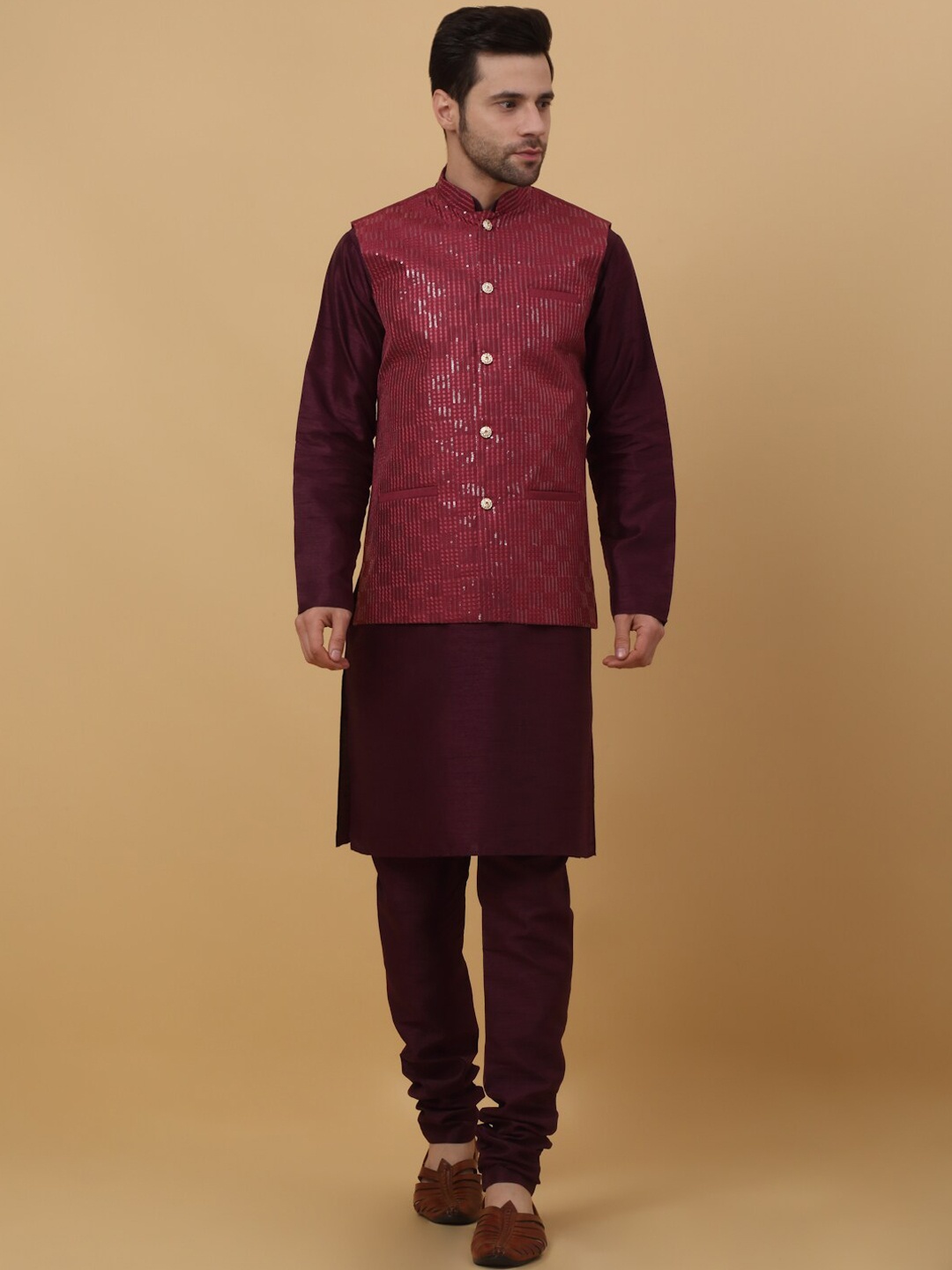 

KRAFT INDIA Mandarin Collar Regular Kurta With Churidar & Sequinned Nehru Jacket, Purple