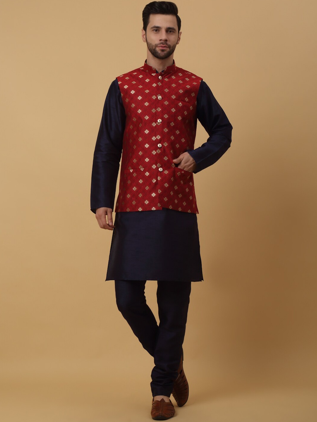 

KRAFT INDIA Mandarin Collar Long Sleeves Regular Kurta With Churidar & Jacket, Navy blue