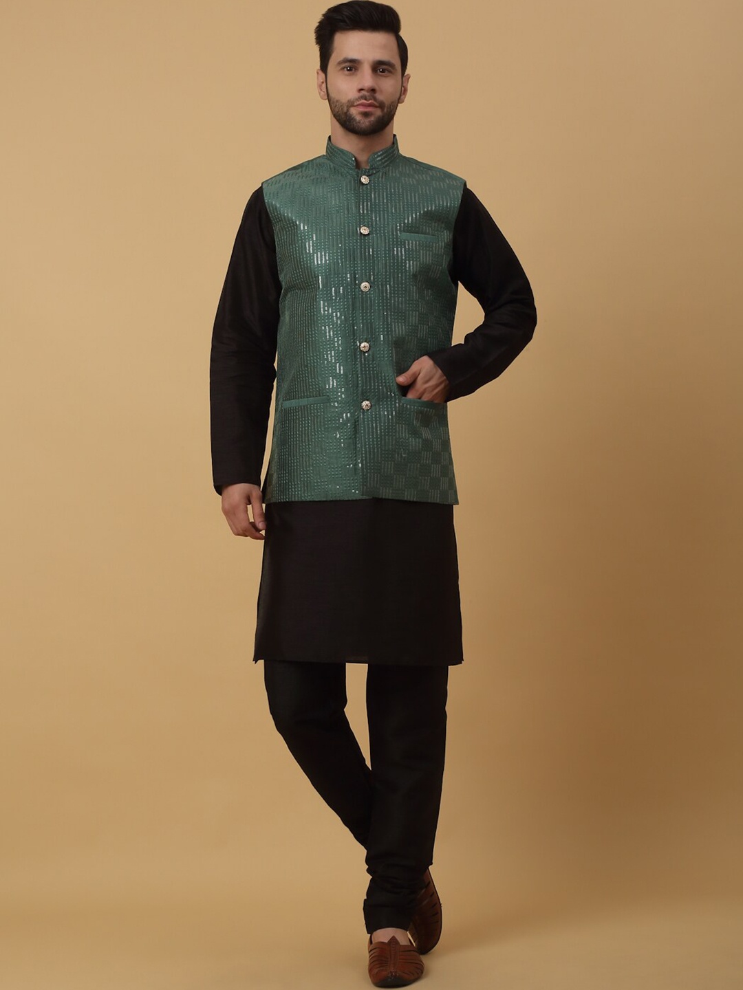 

KRAFT INDIA Kurta & Churidar With Sequined Cotton Silk Nehru Jacket, Black