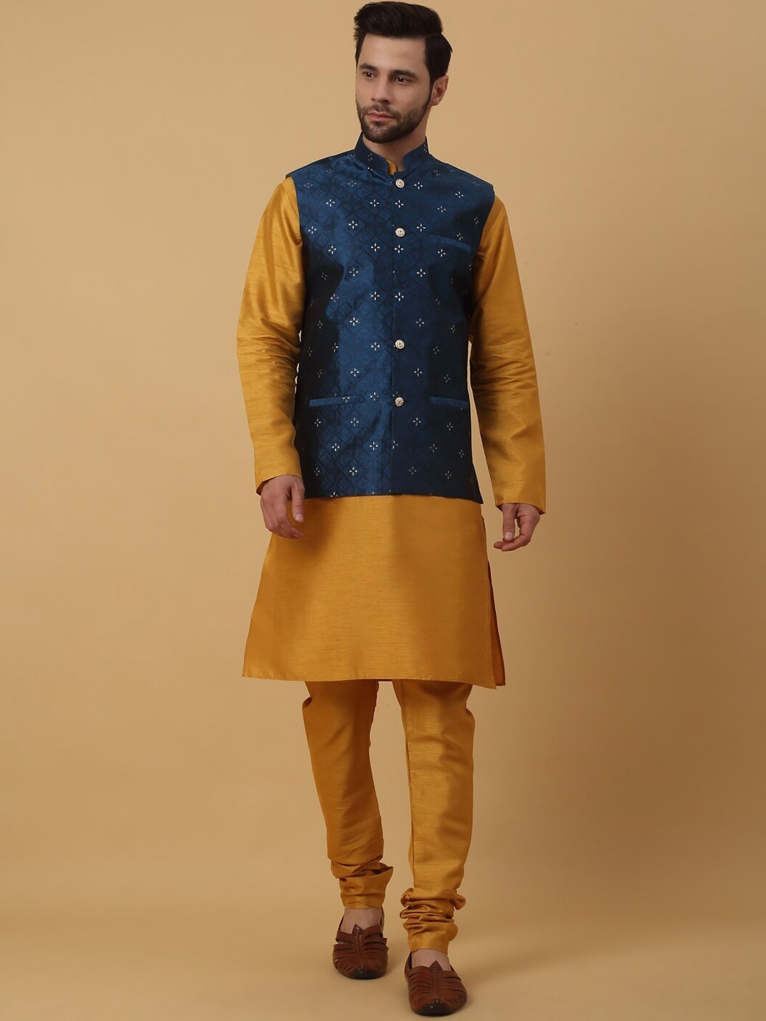 

KRAFT INDIA Ethnic Motifs Mandarin Collar Long Sleeves Kurta with Churidar, Mustard