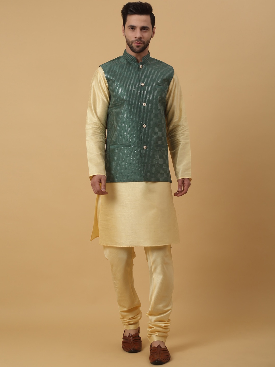 

KRAFT INDIA Mandarin Collar Long Sleeves Regular Kurta With Churidar & Nehru Jacket, Beige