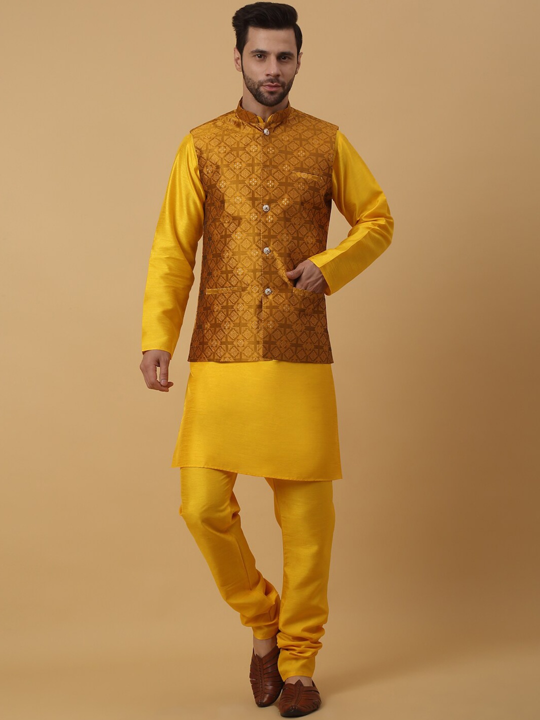 

KRAFT INDIA Jacquard Mandarin Collar Straight Kurta & Churidar With Nehru Jacket, Yellow