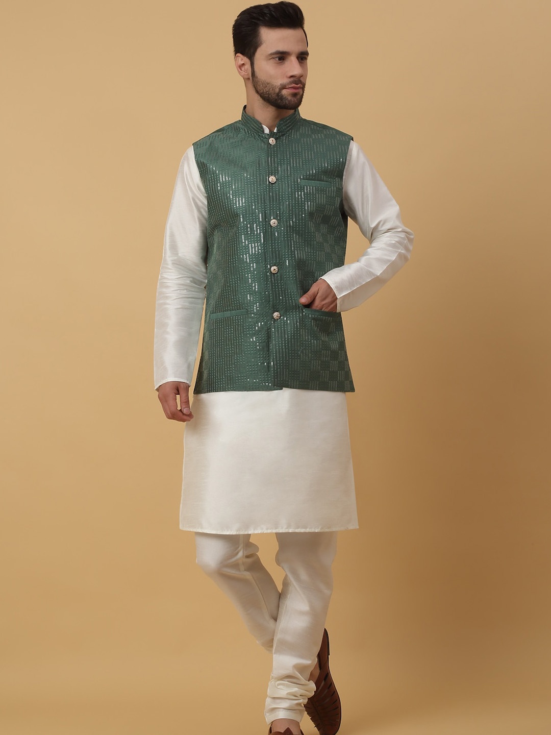 

KRAFT INDIA Straight Kurta with Churidar & Nehru Jacket, Cream