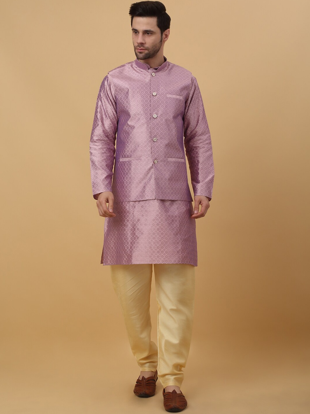 

KRAFT INDIA Woven Designed Regular Kurta with Churidar & Jacquard Nehru Jacket, Mauve