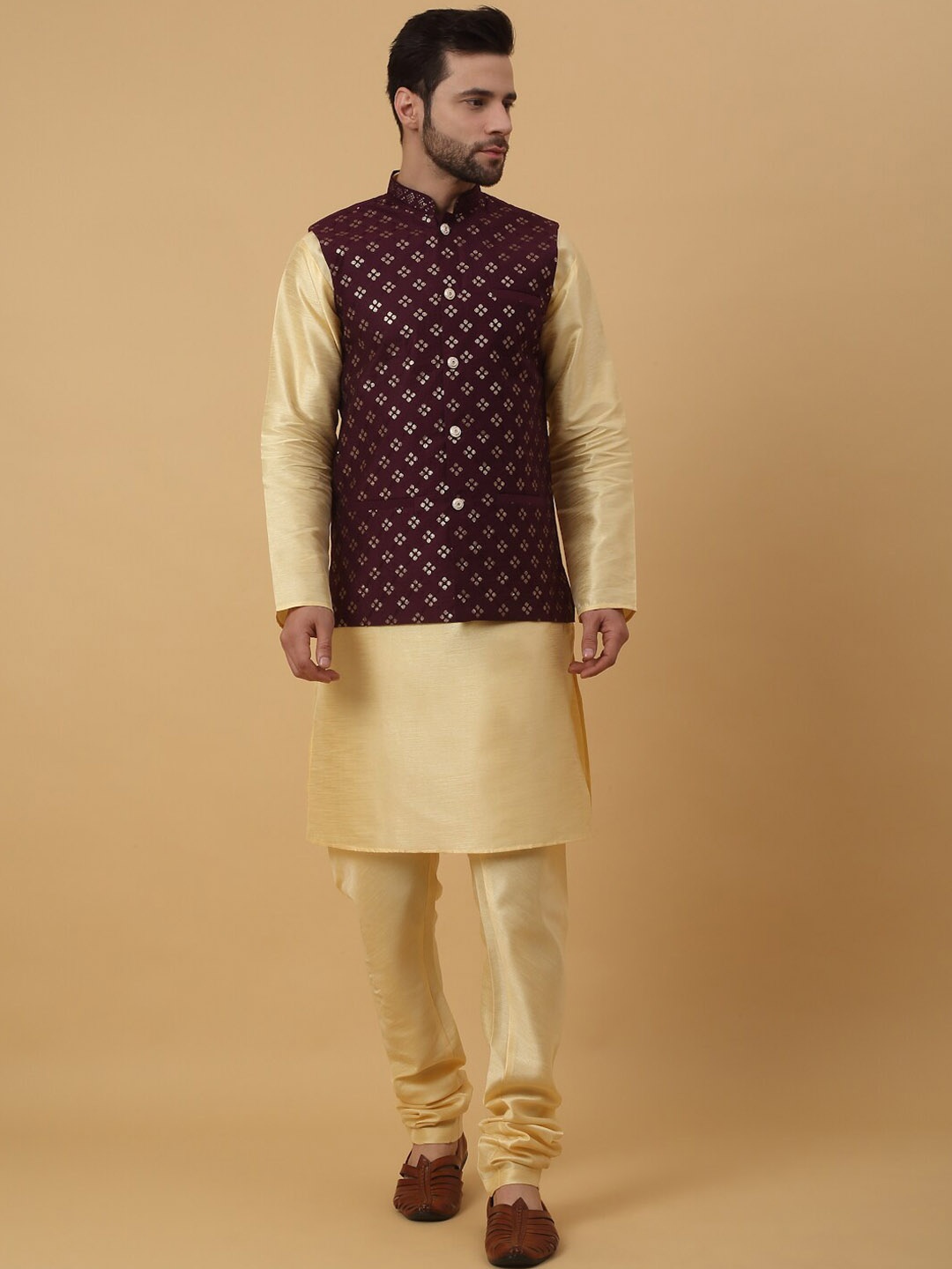 

KRAFT INDIA Mandarin Collar Kurta With Churidar & Nehru Jacket, Beige