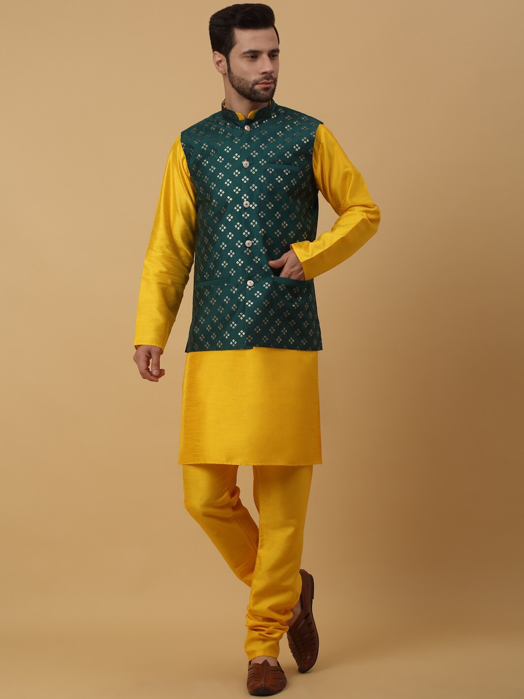 

KRAFT INDIA Ethnic Motifs Mandarin Collar Long Sleeves Kurta with Churidar, Yellow