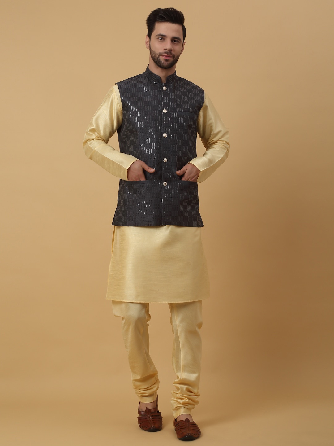 

KRAFT INDIA Mandarin Collar Sequinned Kurta & Churidar with Nehru jacket, Beige