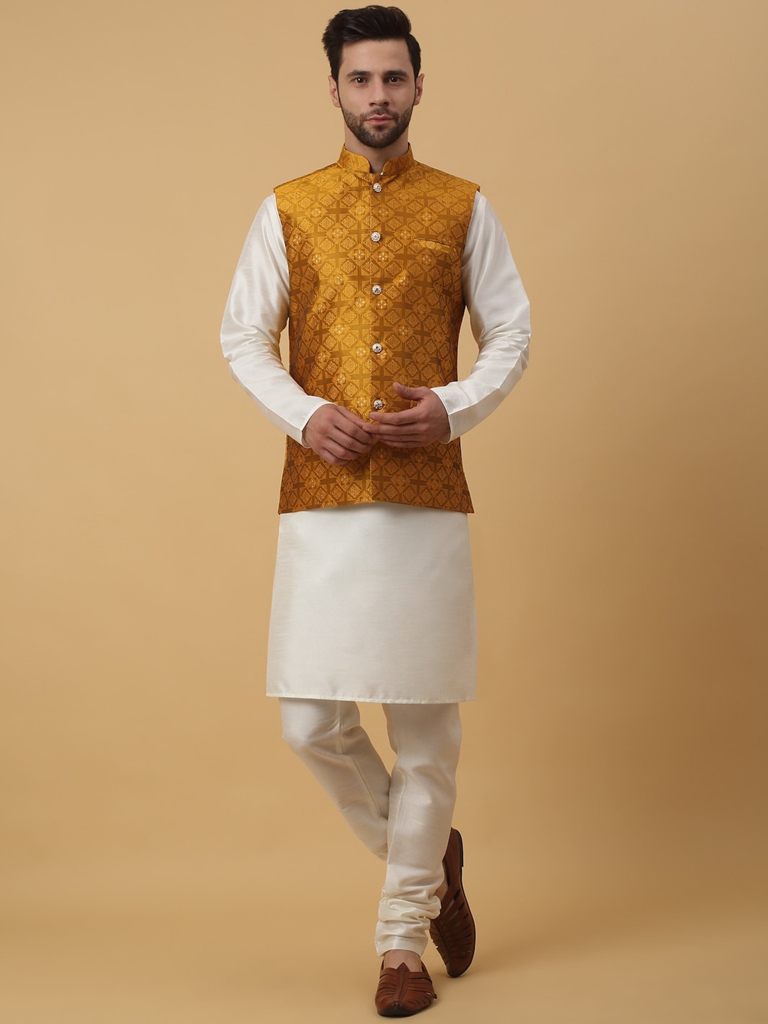 

KRAFT INDIA Mandarin Collar Long Sleeves Regular Kurta With Churidar & Nehru Jacket, Cream