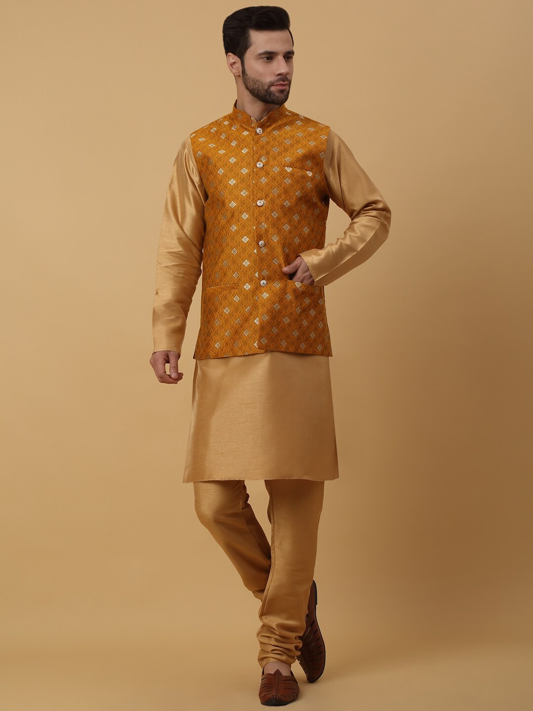 

KRAFT INDIA Mandarin Collar Straight Kurta & Churidar With Nehru Jacket, Gold