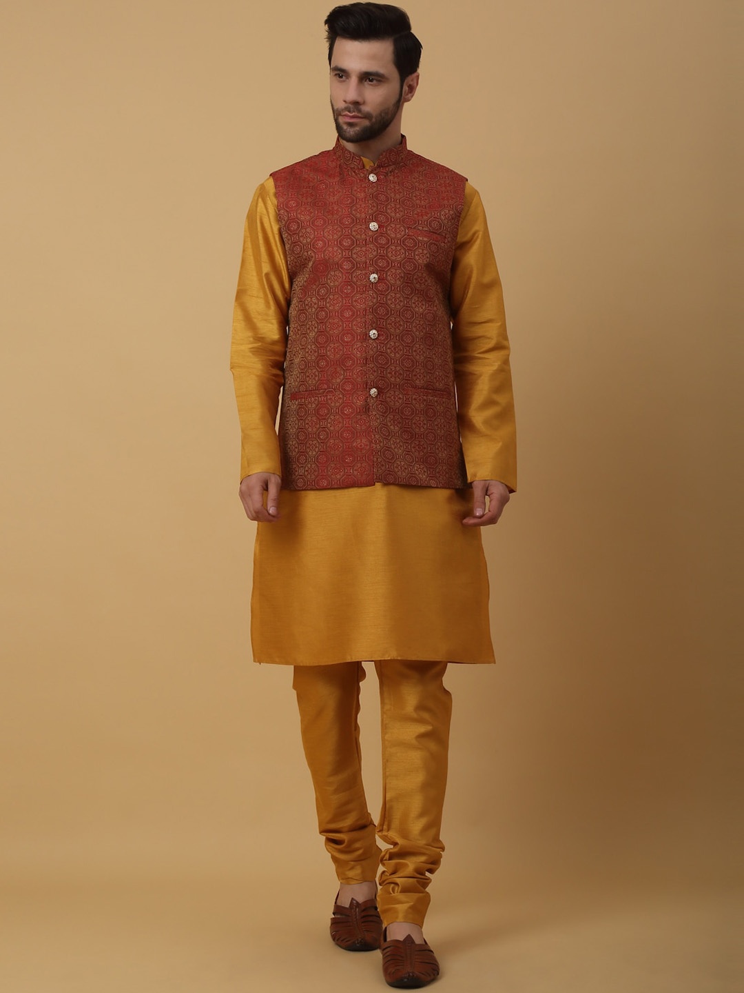 

KRAFT INDIA Mandarin Collar Kurta With Churidar & Nehru Jacket, Mustard