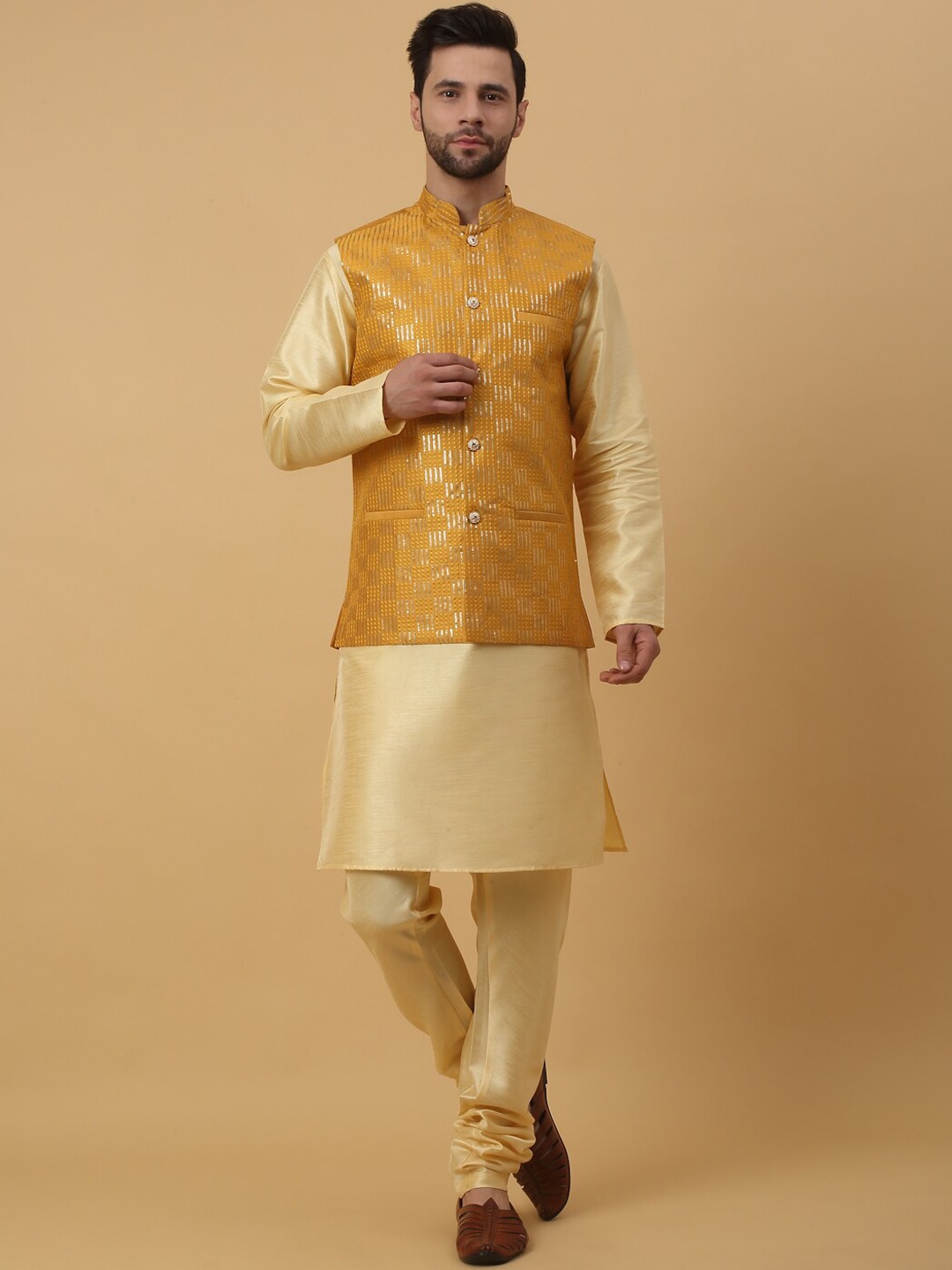 

KRAFT INDIA Mandarin Collar Kurta With Churidar & Nehru Jacket, Beige