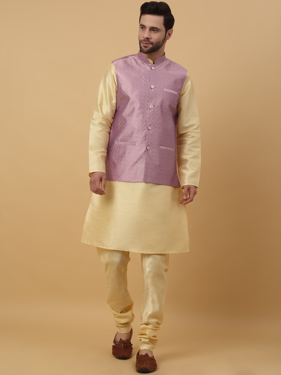

KRAFT INDIA Jacquard Mandarin Collar Straight Kurta & Churidar With Nehru Jacket, Beige