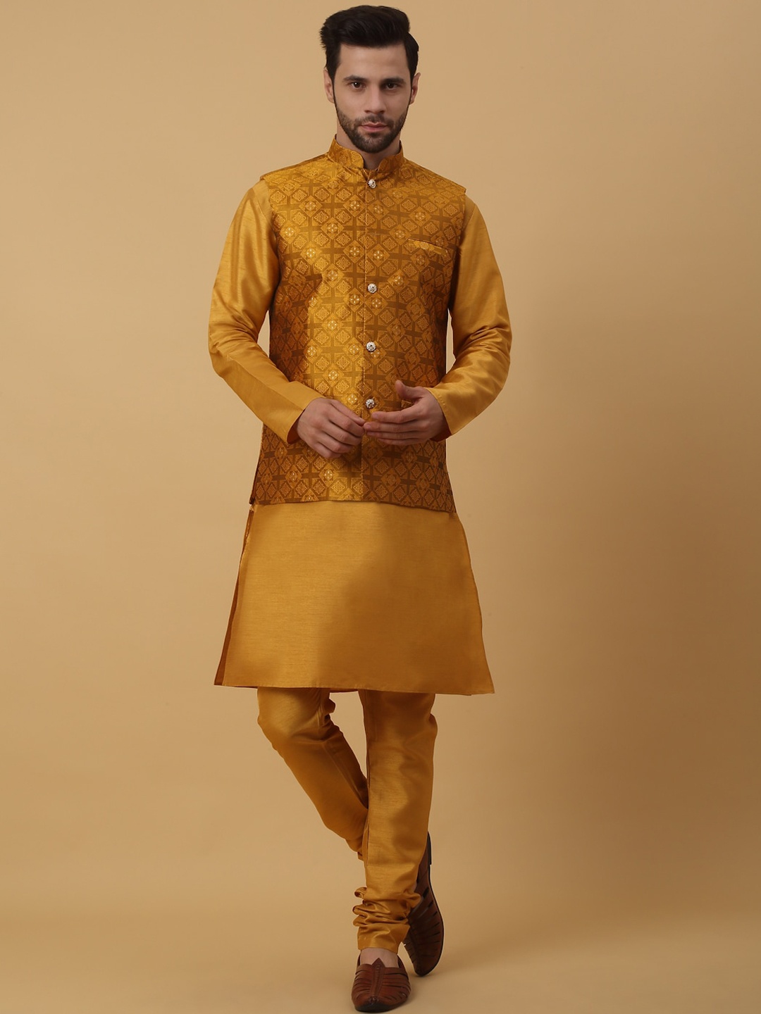 

KRAFT INDIA Mandarin Collar Jacquard Kurta With Churidar, Mustard