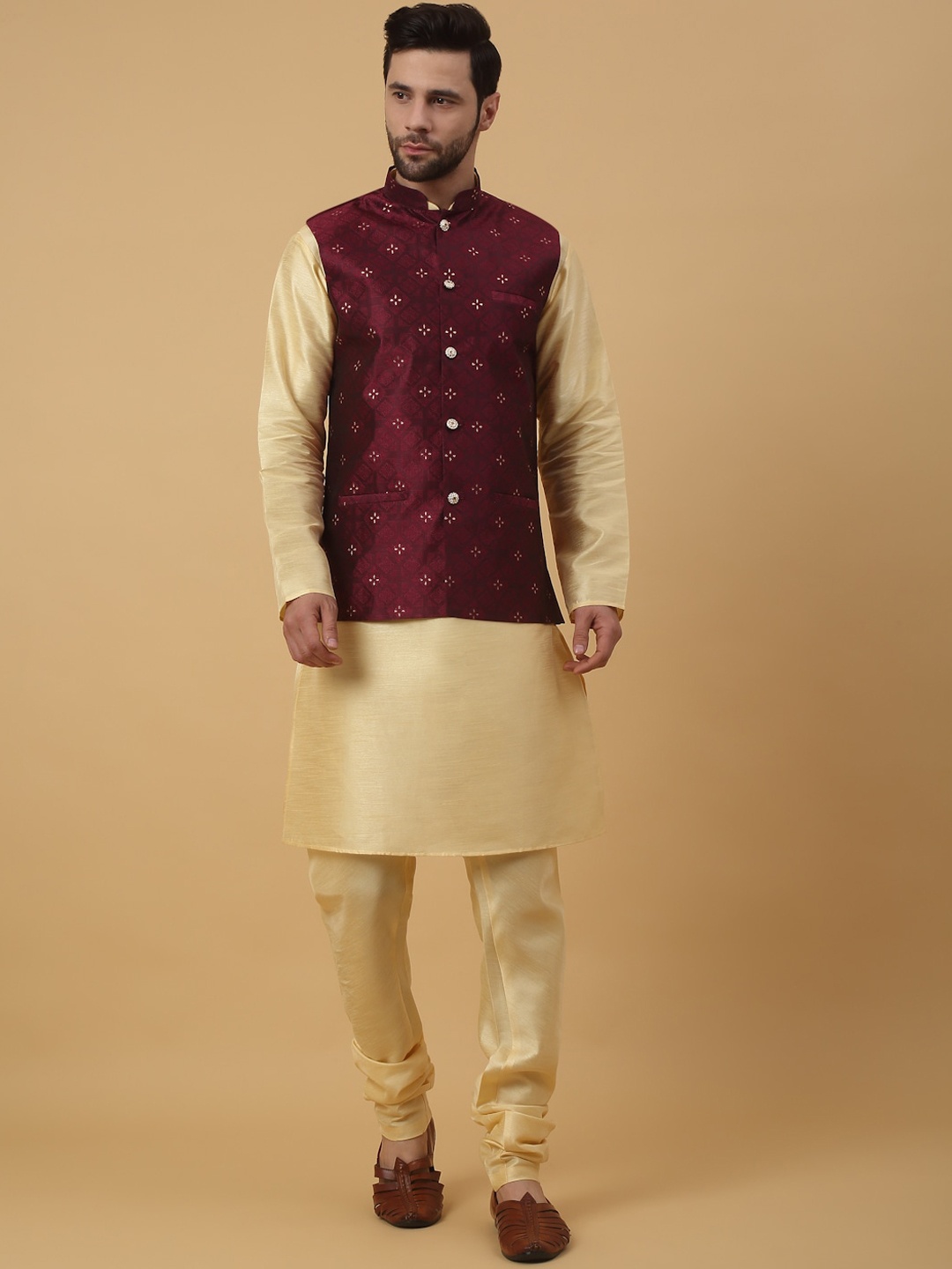 

KRAFT INDIA Ethnic Motifs Mandarin Collar Long Sleeves Kurta with Churidar, Beige