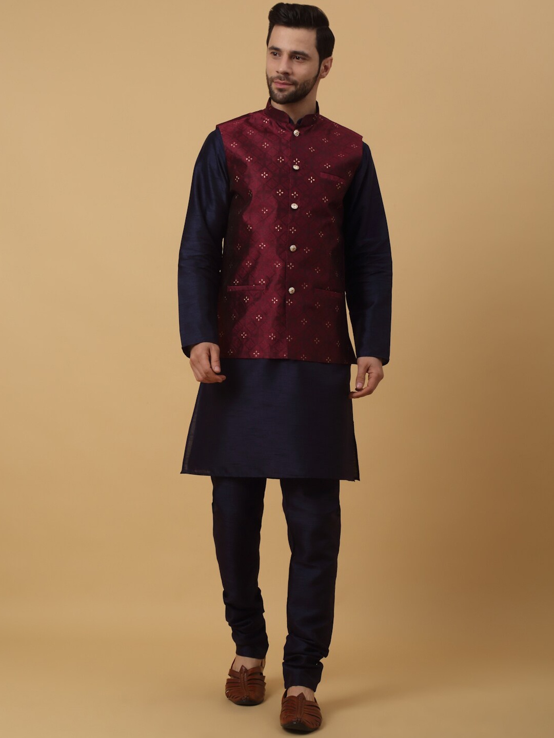 

KRAFT INDIA Mandarin Collar Long Sleeves Regular Kurta With Churidar & Jacket, Navy blue