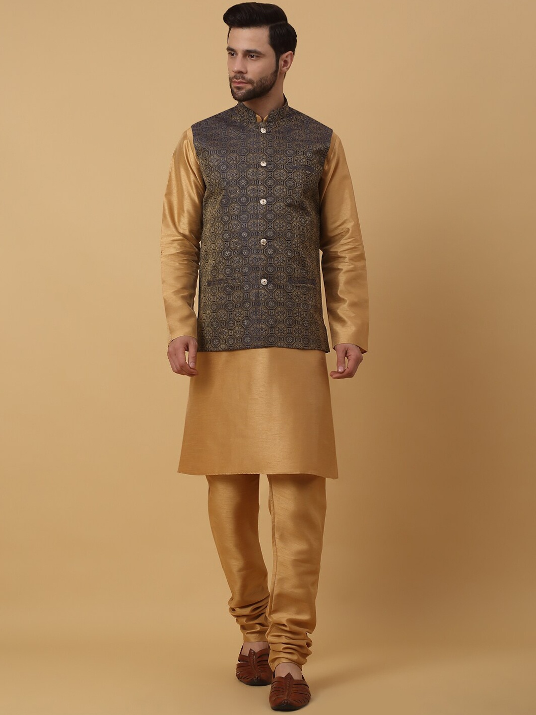 

KRAFT INDIA Straight Kurta With Churidar & Nehru Jacket, Gold