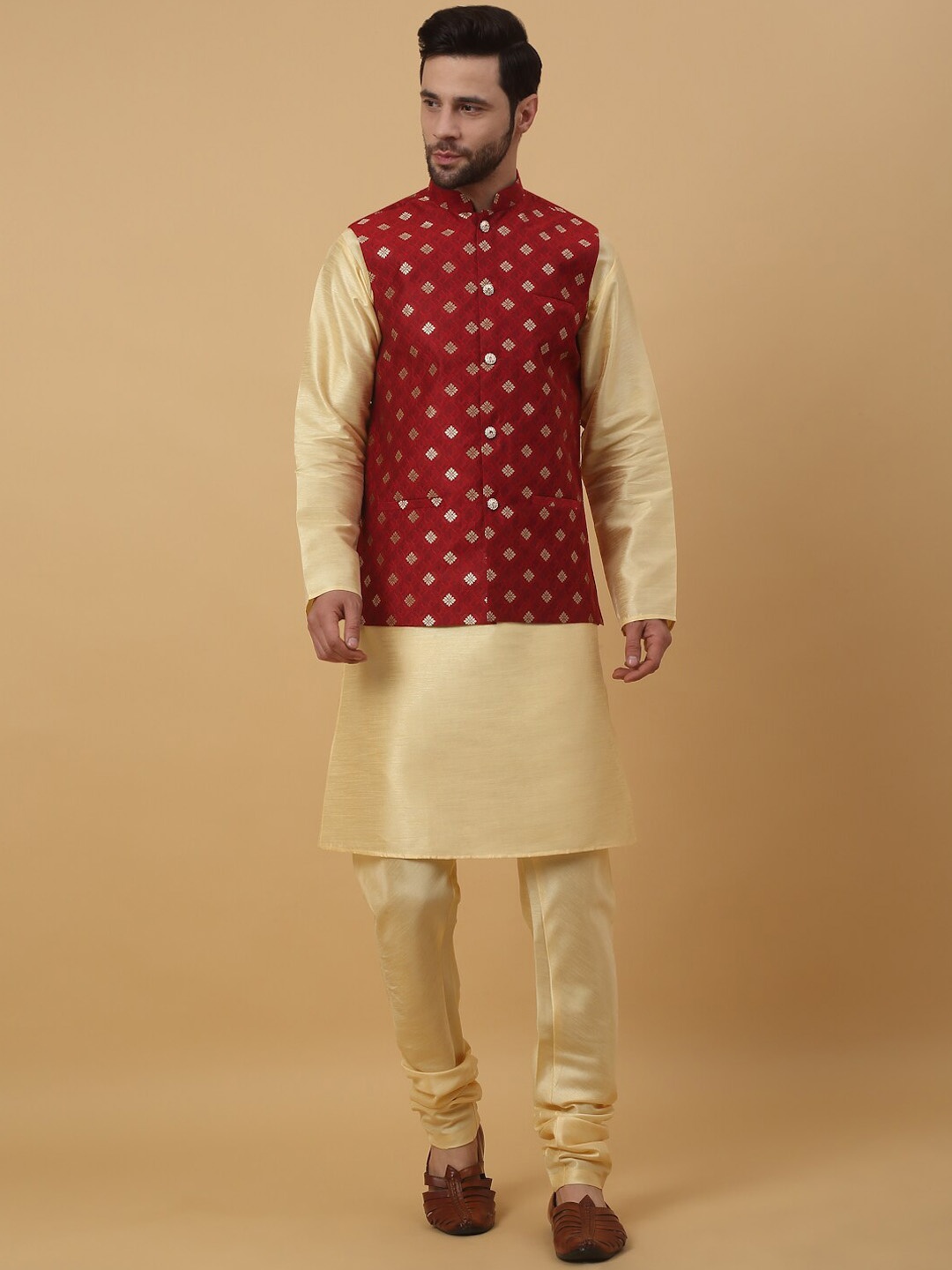 

KRAFT INDIA Ethnic Motifs Mandarin Collar Long Sleeves Kurta with Churidar, Beige