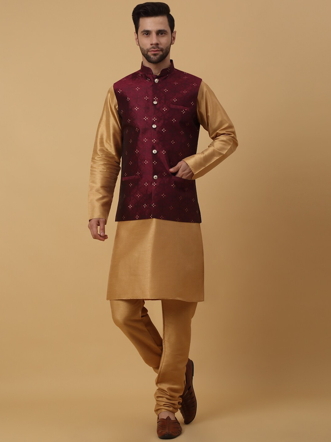 

KRAFT INDIA Mandarin Collar Kurta & Churidar with Nehru jacket, Gold