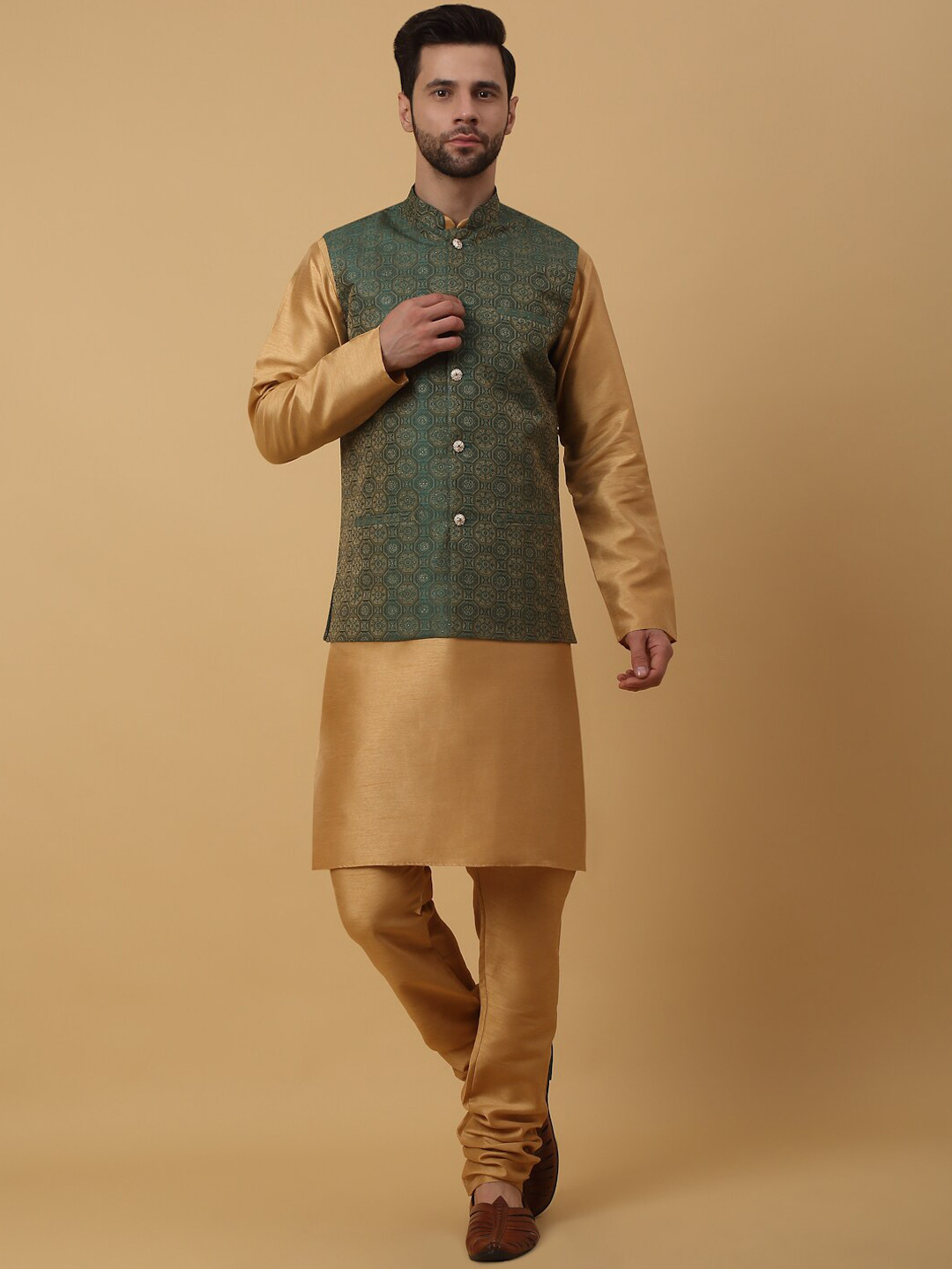 

KRAFT INDIA Regular Kurta with Churidar & Jacquard Nehru Jacket, Gold