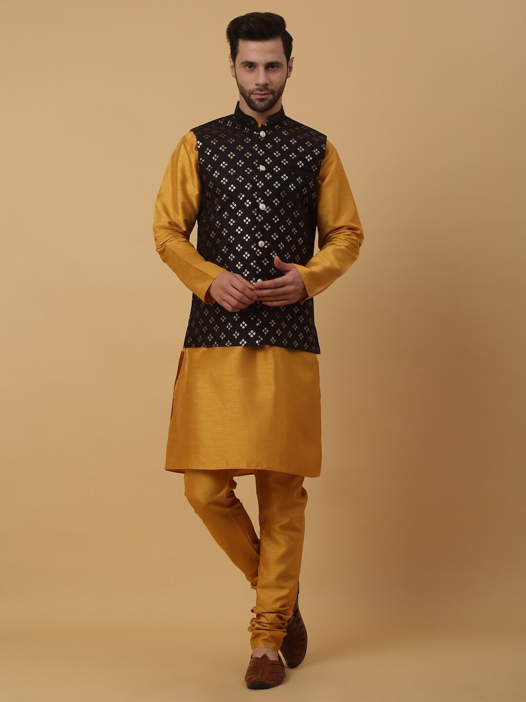 

KRAFT INDIA Cotton Silk Regular Sequinned Kurta with Churidar & Nehru Jacket, Mustard