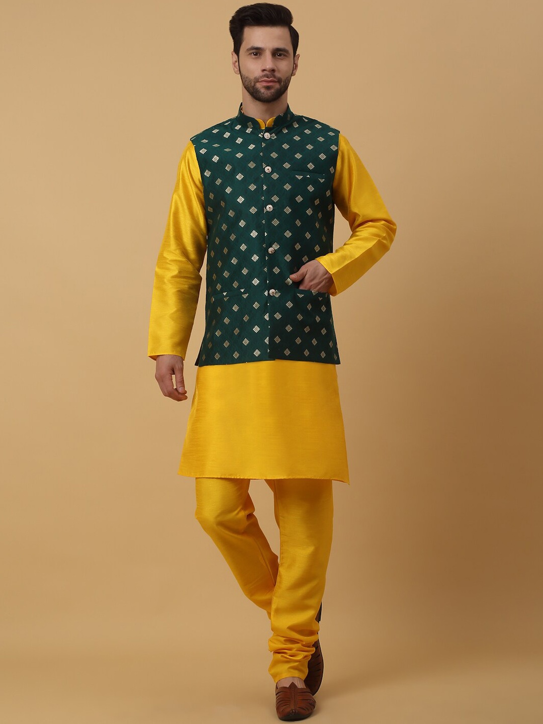 

KRAFT INDIA Mandarin Collar Jacquard Kurta With Churidar, Yellow