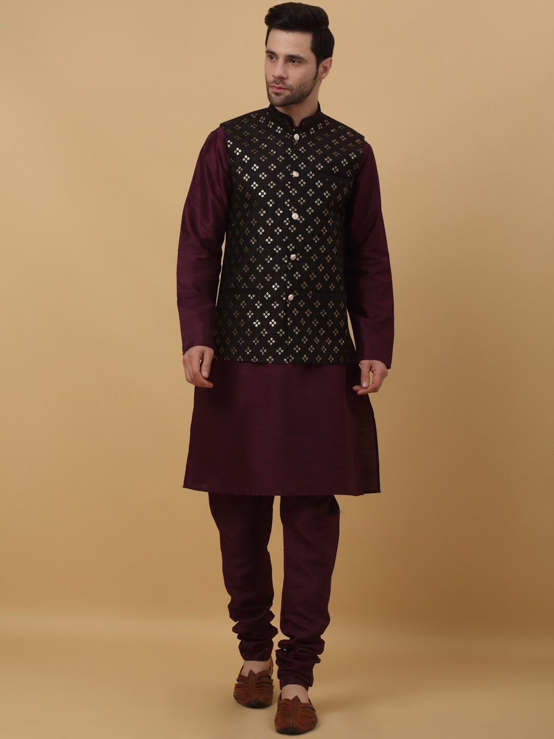 

KRAFT INDIA Mandarin Collar Regular Kurta With Churidar & Sequinned Nehru Jacket, Purple