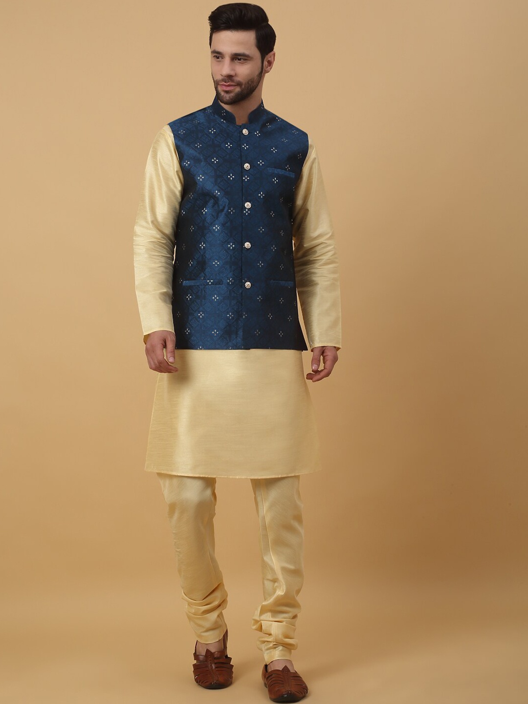 

KRAFT INDIA Straight Kurta with Churidar & Nehru Jacket, Beige