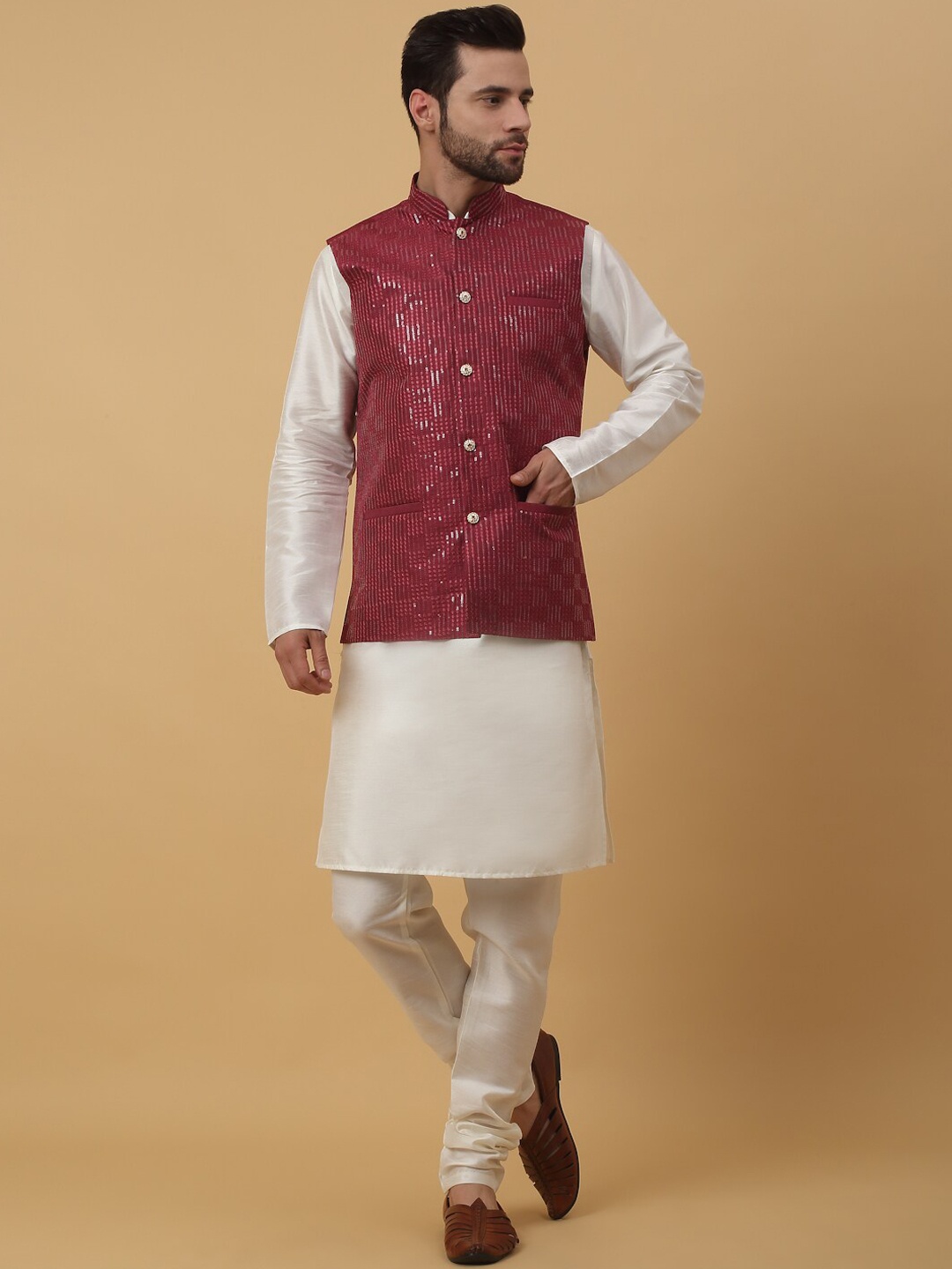 

KRAFT INDIA Jacquard Mandarin Collar Straight Kurta & Churidar With Nehru Jacket, Cream